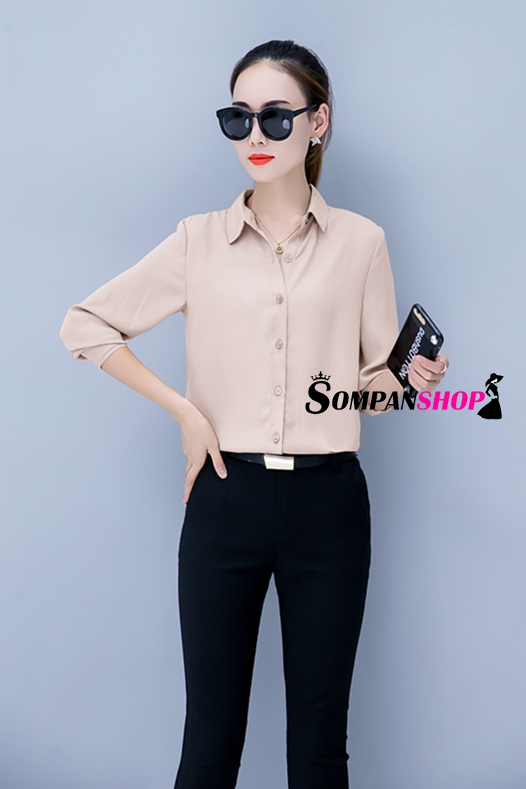 เสื้อเชิ้ตผู้หญิงสีครีม ผ้าชีฟอง แขนยาว กระดุมหน้า ใส่ทำงาน