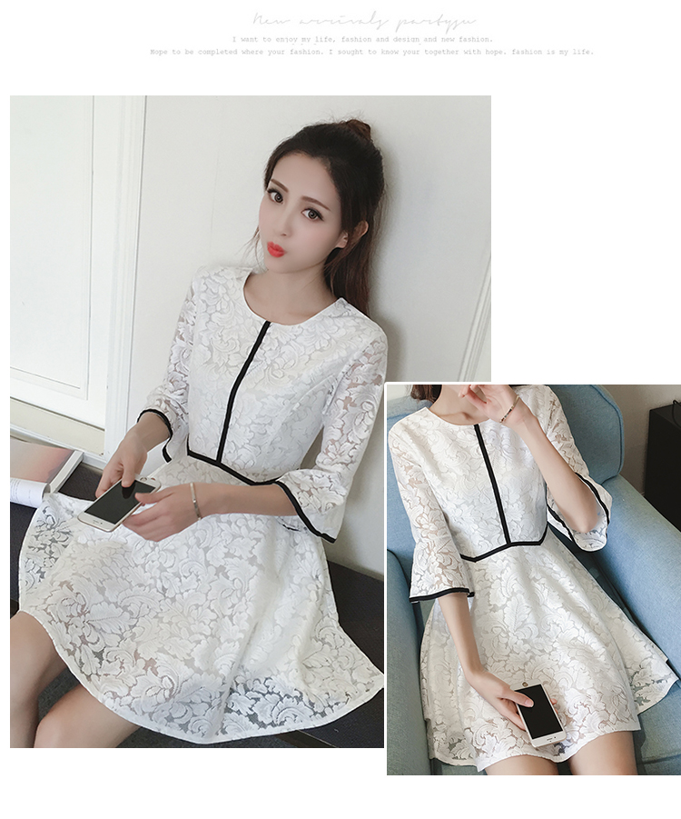 ชุดเดรสสั้นสีขาว ผ้าลูกไม้ แขนสามส่วน กระโปรงบาน ลุคสวยหวาน น่ารัก