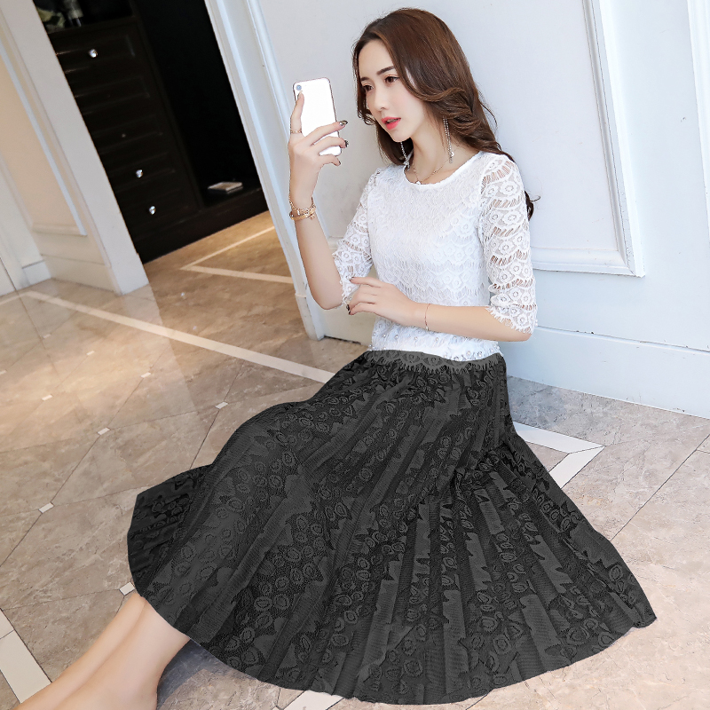 ชุดออกงานสีดำ เซ็ทเสื้อลูกไม้ + กระโปรงยาว สวยหวาน เรียบร้อย ดูดี