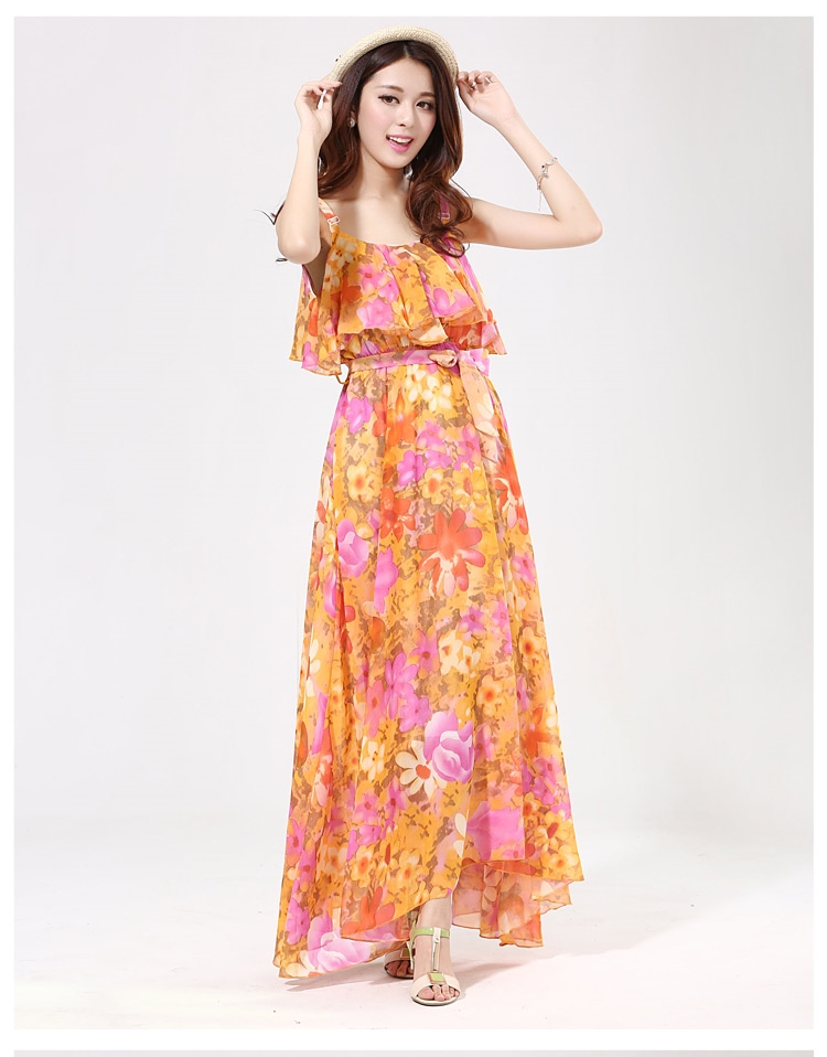 ชุดเดรสเที่ยวทะเล ลายดอกไม้ สายเดี่ยว อกแต่งระบาย