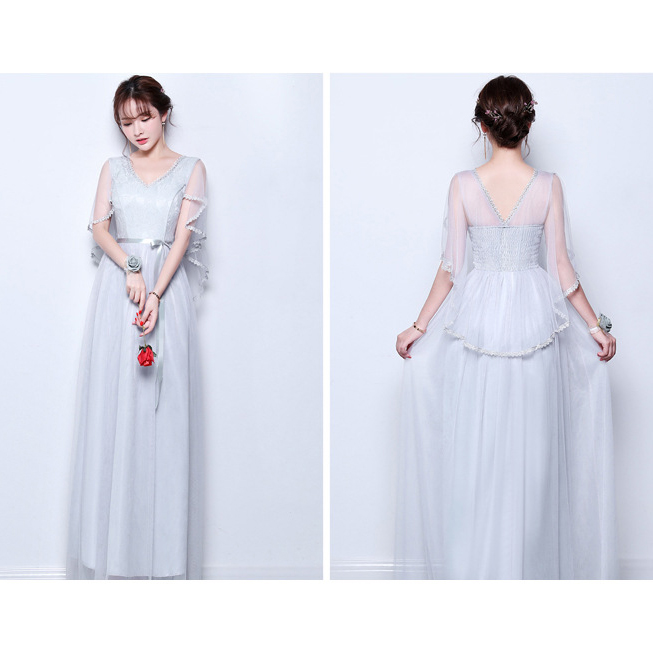 ชุดราตรียาวสีเทา แขนระบายปีกค้างคาว กระโปรงยาวทรงบาน