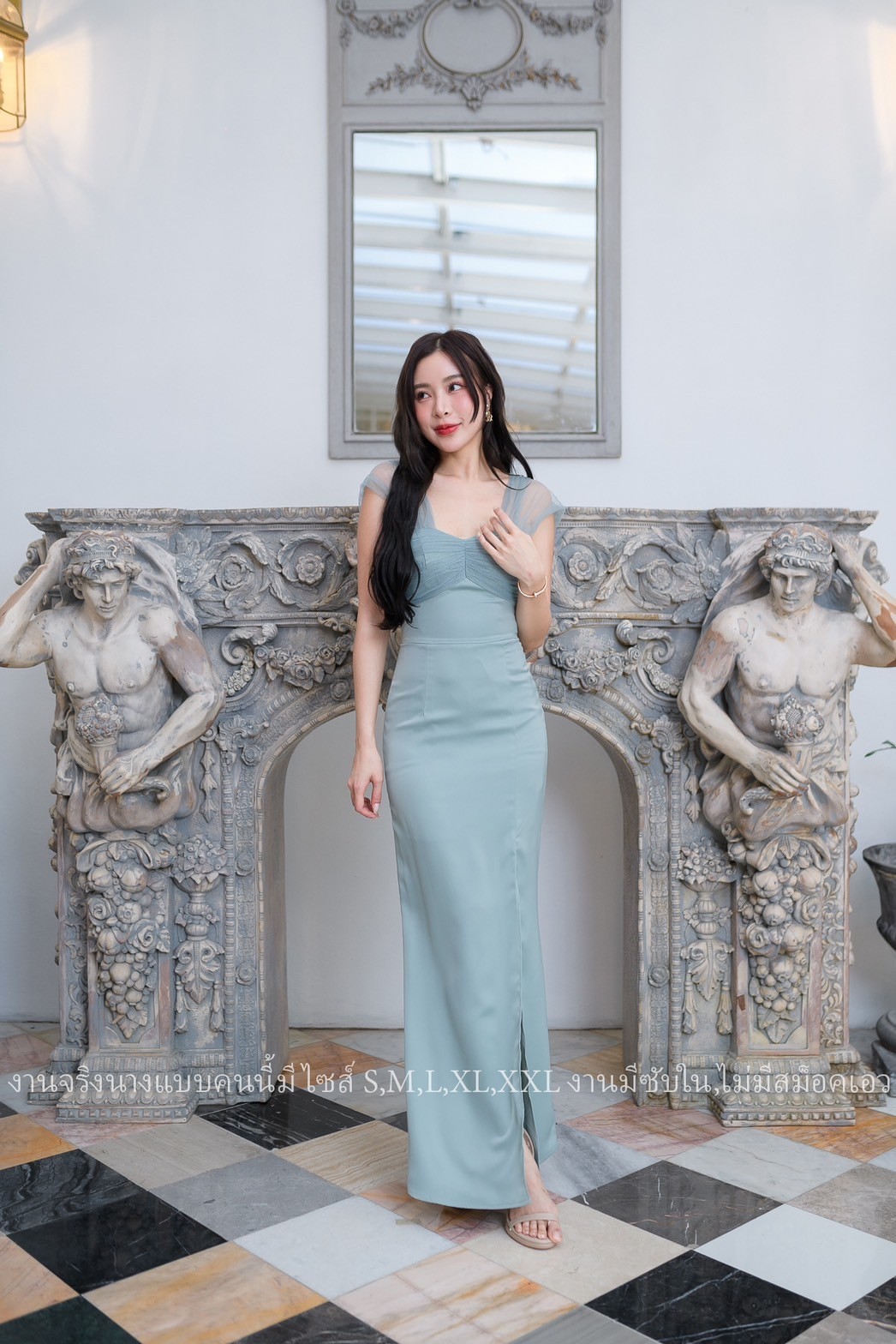 ชุดราตรี ชุดออกงาน ชุดไปงานแต่งสีเขียวพาสเทล เดรสยาวออกงาน ไกล่แต่งผ้าซีทรู กระโปรงผ่าหน้า แนวเรียบหรู สวยดูดี ใส่ได้ทั้งงานกลางวัน/งานกลางคืน