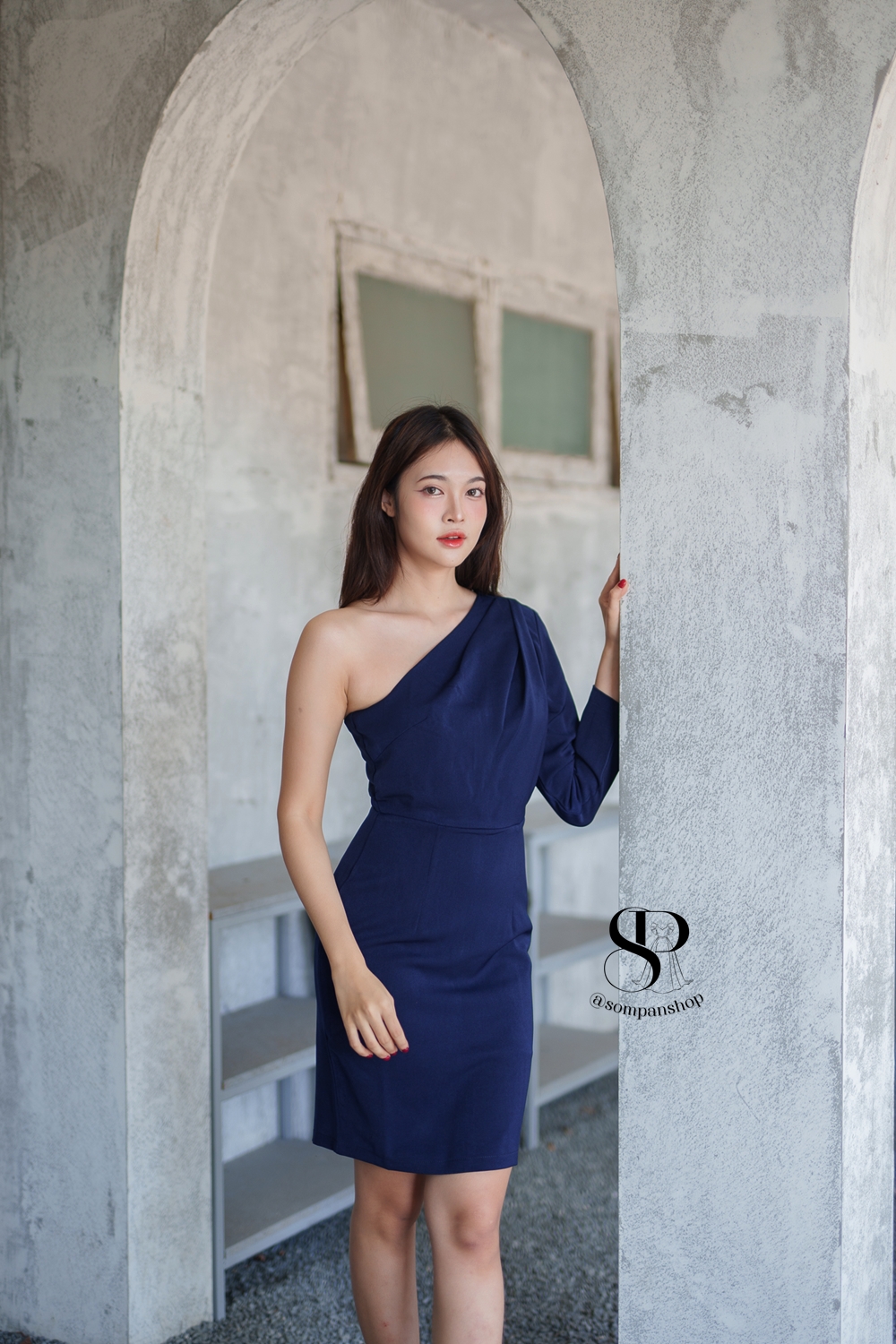 พร้อมส่ง !! ชุดไปงานแต่งงานสีน้ำเงินกรมท่า ไหล่เฉียงข้าง เรียบหรู สวย ดูดี ใส่เป็น ชุดราตรี ชุดออกงาน ชุดไปงานแต่งงาน กลางวัน กลางคืน