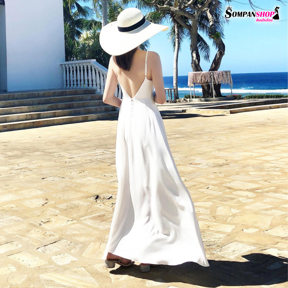ชุดเที่ยวทะเล ชุดไปทะเลสีขาว แม็กซี่เดรสสายเดี่ยวโชว์หลัง ใส่เดินเล่นริมทะเล ถ่ายรูป