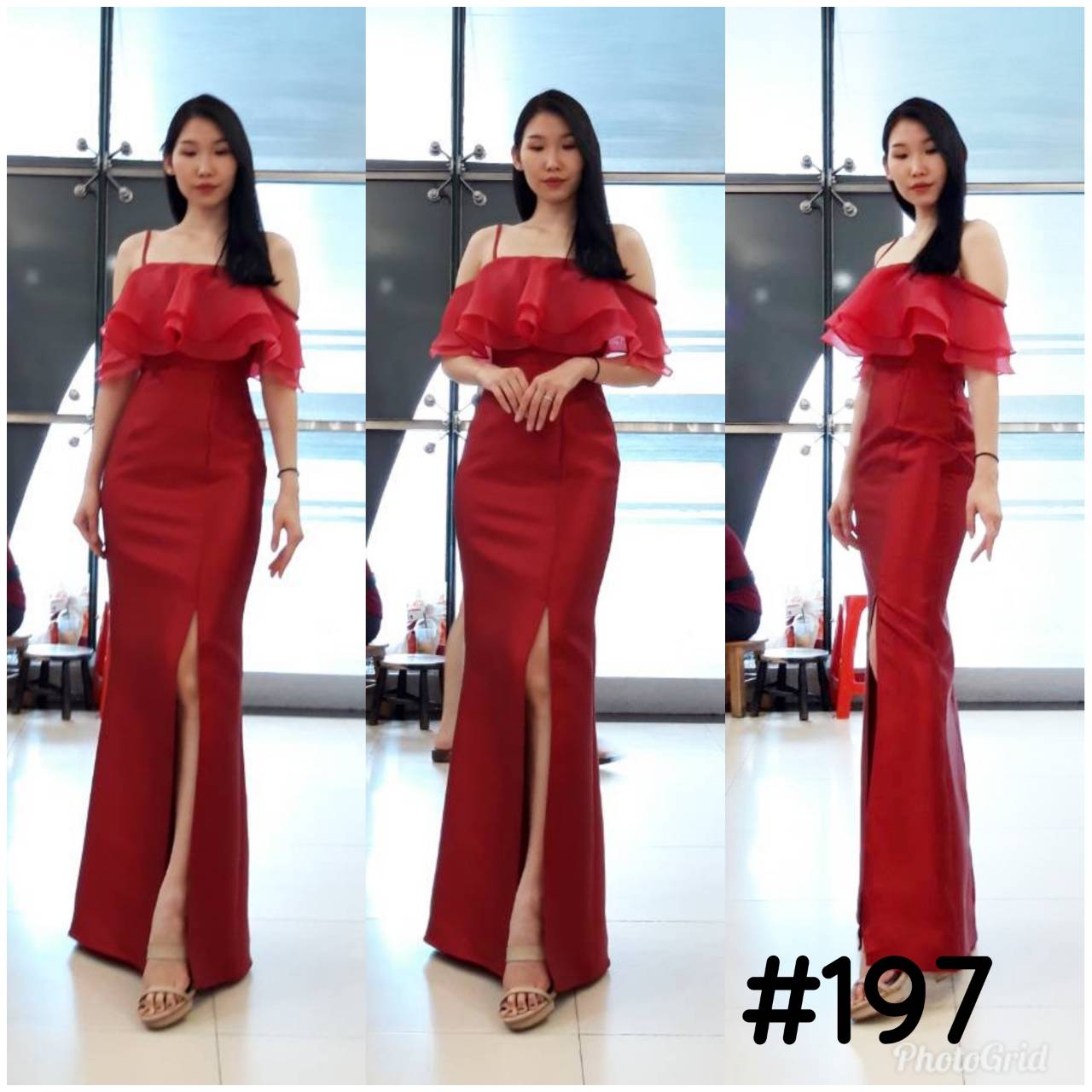 ชุดออกงานราตรียาวสีแดง อกระบาย ทรงเข้ารูป กระโปรงทรงหางปลา