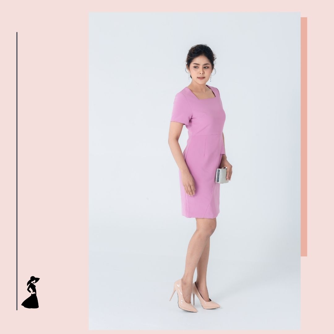 พร้อมส่ง !! ชุดเดรสสั้นสีชมพูอมม่วง แขนสั้น เอวแต่งระบาย แนวเรียบๆ สวยสุภาพ ดูดี