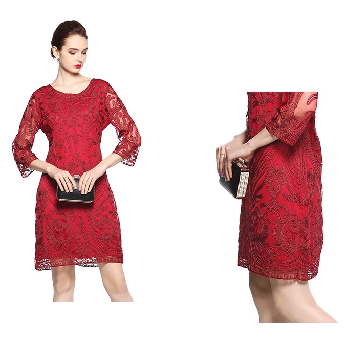 ชุดเดรสสั้นลูกไม้สีแดง แขนยาว ทรงตรง