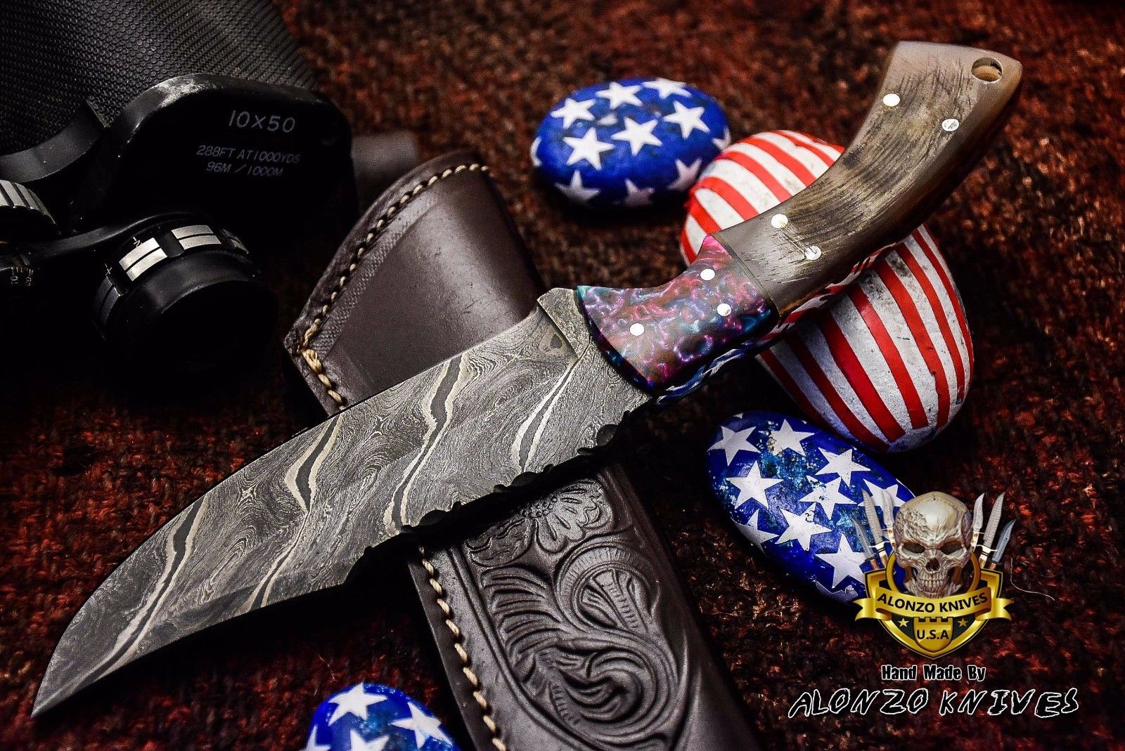 มีด ALONZO KNIVES USA CUSTOM HANDMADE DAMASCUS TACTICAL HUNTING KNIFE RAM HORN