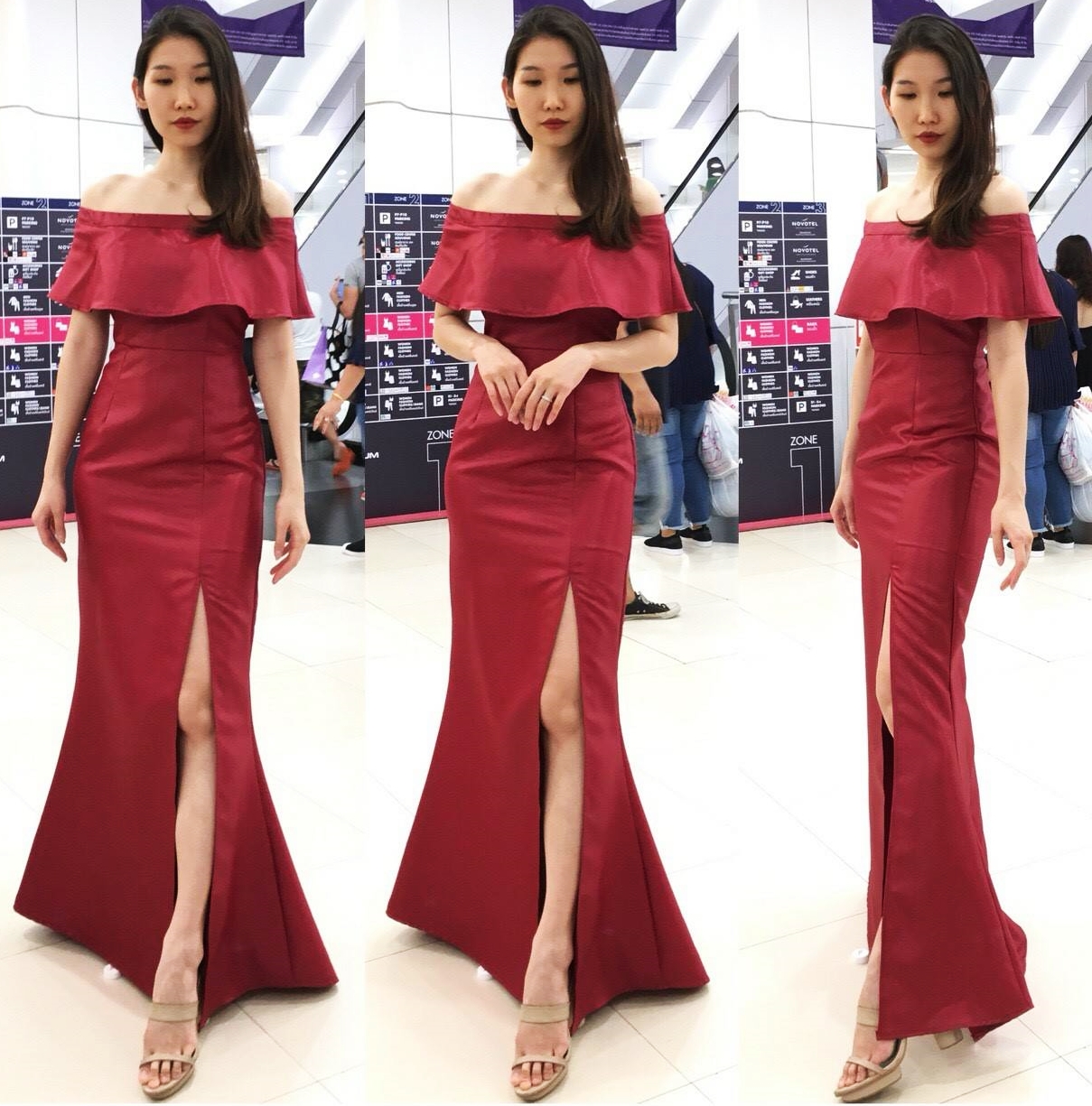 ชุดราตรียาวสีแดง เปิดไหล่อกแต่งระบาย กระโปรงยาวเข้ารูปทรงหางปลา