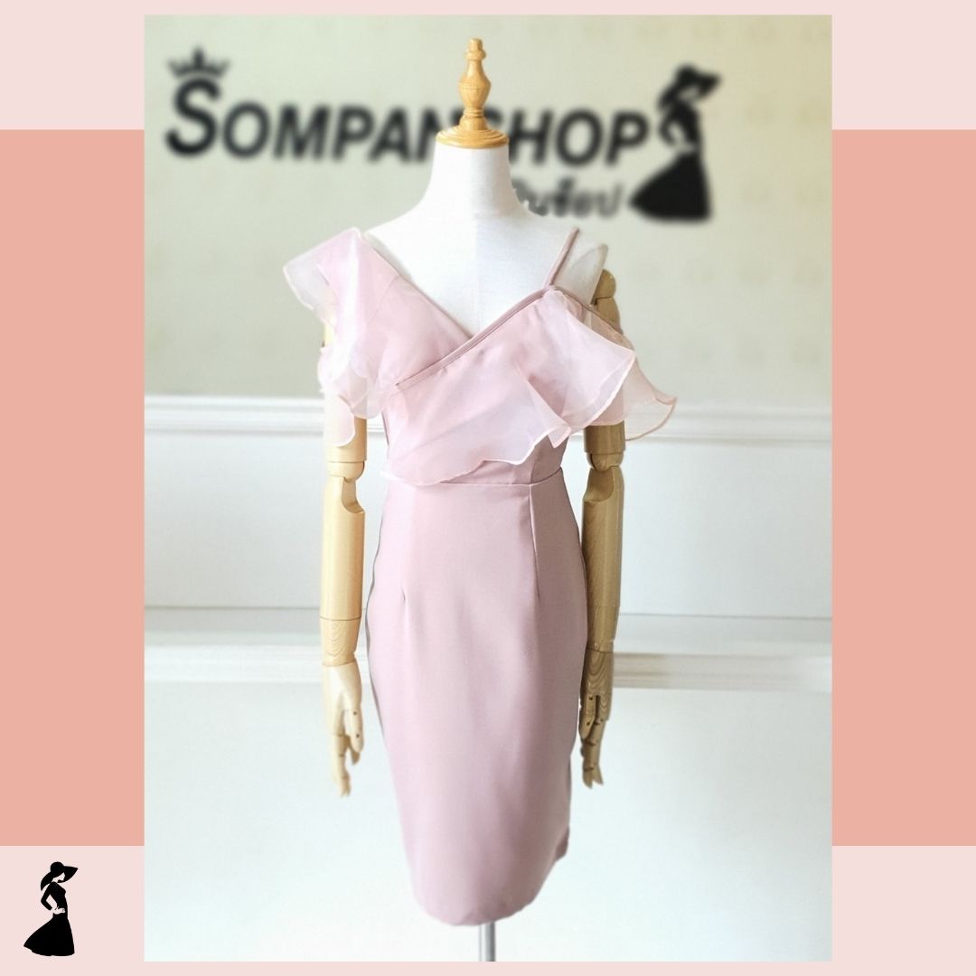 ชุดไปงานแต่งงานสีชมพูกะปิ เดรสสั้นแต่งระบายผ้าไหมแก้ว แบบน่ารัก สวยๆ เรียบหรูดูแพง ชุดราตรี ชุดไปงานแต่งงาน ชุดออกงาน