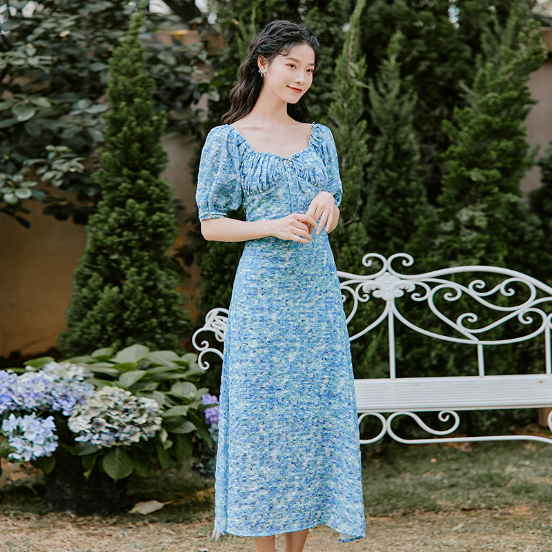 ชุดเดรสยาวสีฟ้า แขนจั๊มตุ๊กตา สวยๆ น่ารักๆ ใส่เป็นชุดเดรสลำลอง ชุดใส่เที่ยวทะเล