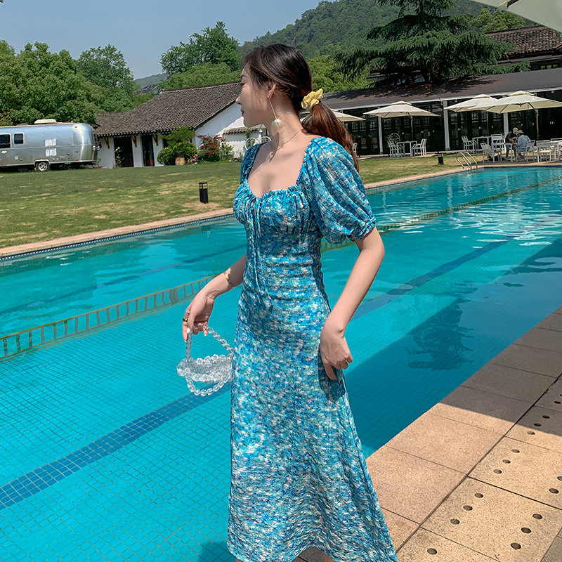 ชุดเดรสยาวสีฟ้า แขนจั๊มตุ๊กตา สวยๆ น่ารักๆ ใส่เป็นชุดเดรสลำลอง ชุดใส่เที่ยวทะเล