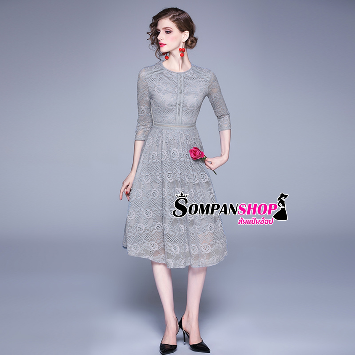ชุดเดรสสั้นสีเทา ผ้าลูกไม้
