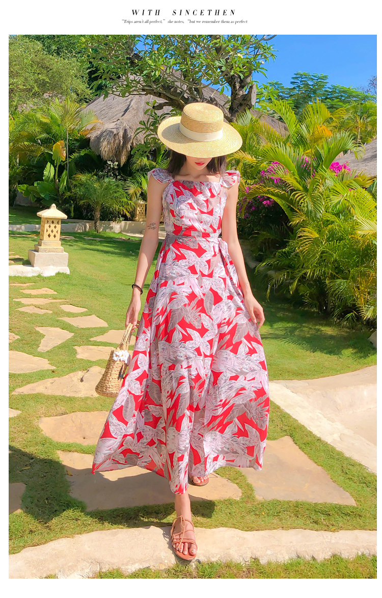 ชุดไปทะเล เดรสเที่ยวทะเล เดรสยาวสีแดงพิมพ์ลายสวยๆ เก๋ๆ