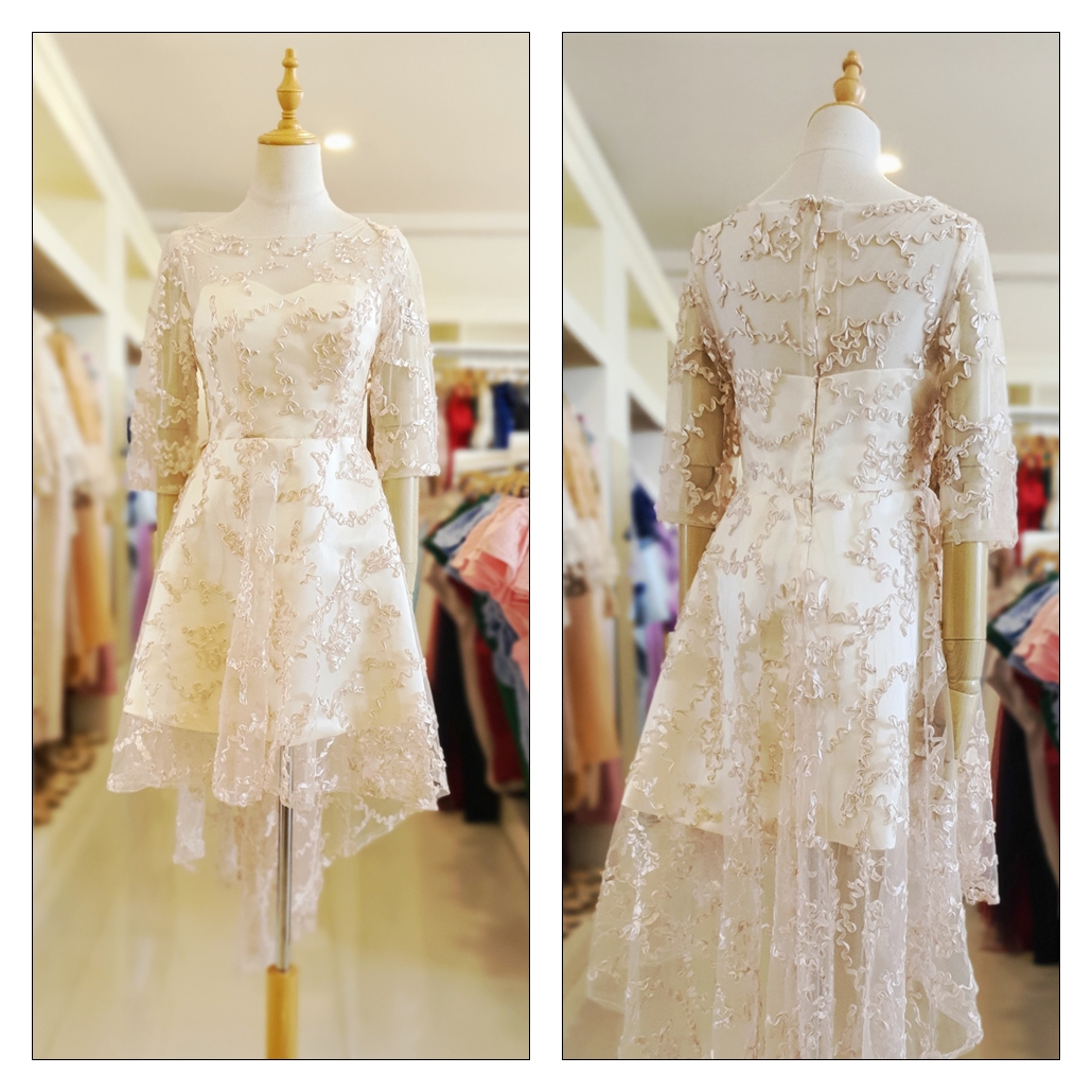 ชุดราตรี ชุดออกงาน ชุดไปงานแต่งงานสีครีมเบจ คอกลม แขนสั้น กระโปรงหน้าสั้นหน้า