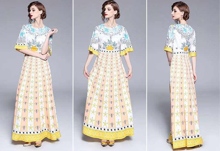 ชุดเดรสยาวสีเหลืองพิมพ์ลายดอกไม้ ลายดาว แขนสามส่วนทรงกว้าง กระโปรงยาวทรงบาน