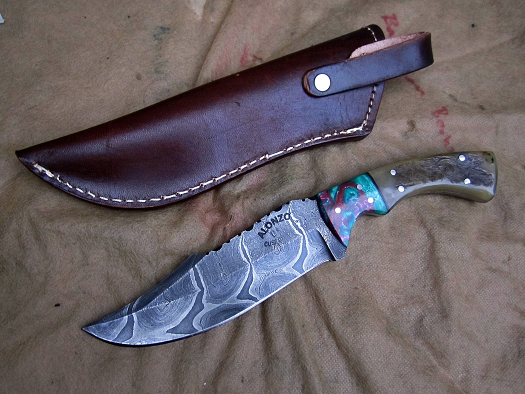 มีด ALONZO KNIVES USA CUSTOM HANDMADE DAMASCUS TACTICAL HUNTING KNIFE RAM HORN