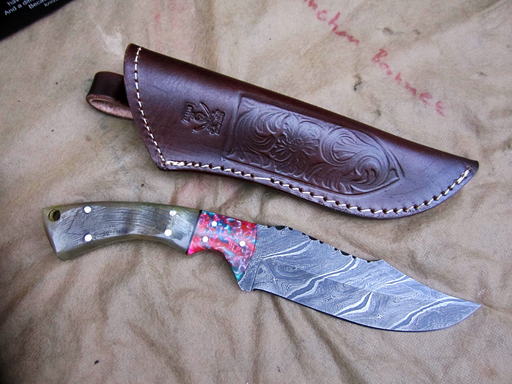 มีด ALONZO KNIVES USA CUSTOM HANDMADE DAMASCUS TACTICAL HUNTING KNIFE RAM HORN