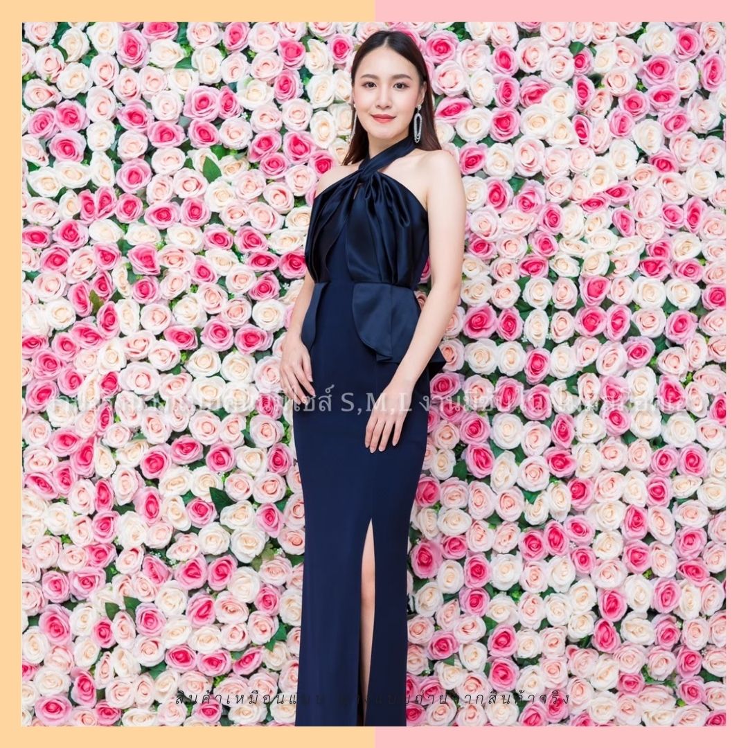 ชุดราตรี ชุดออกงาน ชุดไปงานแต่งงานสีกรมท่า เดรสยาวออกงานคล้องคอผูกโบว์ เอวระบาย ลุคเรียบหรูดูดี