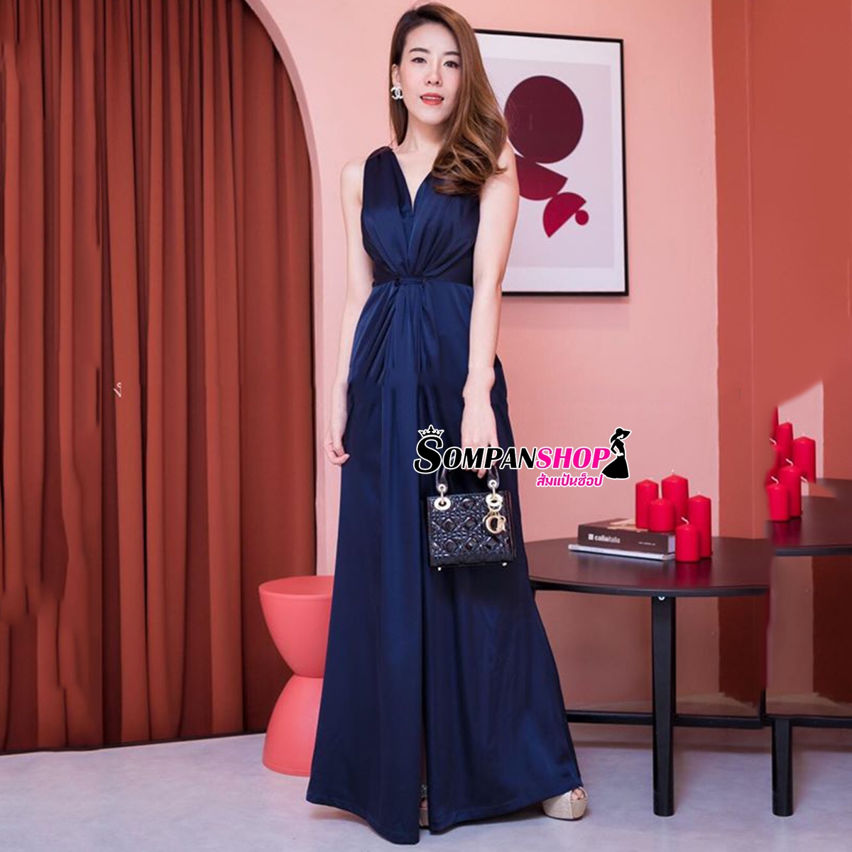 ชุดออกงานสีน้ำเงินกรมท่า รวบเอว เรียบหรู ดูแพง ใส่ออกงานราตรี งานแต่งงาน ธีมเพื่อนเจ้าสาว งานกลางคืน