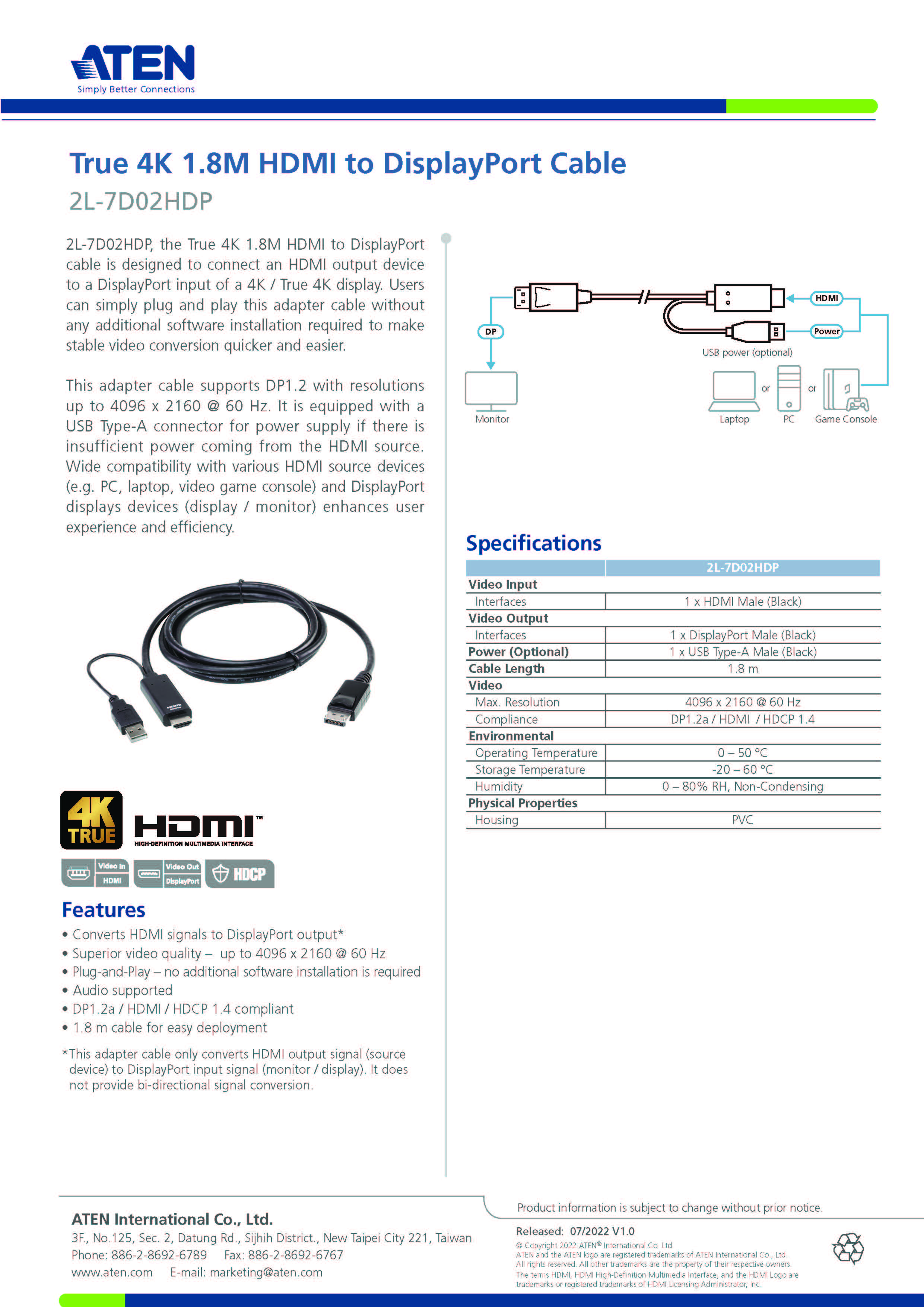 ATEN : 2L-7D02HDP True 4K 1.8M HDMI to DisplayPort Cable