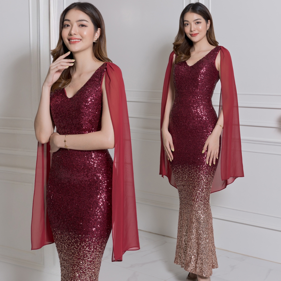 ชุดราตรียาวสีแดง แขนกุดแต่งระบายปักเลื่อมทั้งชุด กระโปรงทรงหางปลา เรียบหรูดูแพง สวยดูดี แบบสวยทันสมัย ใส่ออกงาน งานราตรี ไปงานแต่งกลางคืน