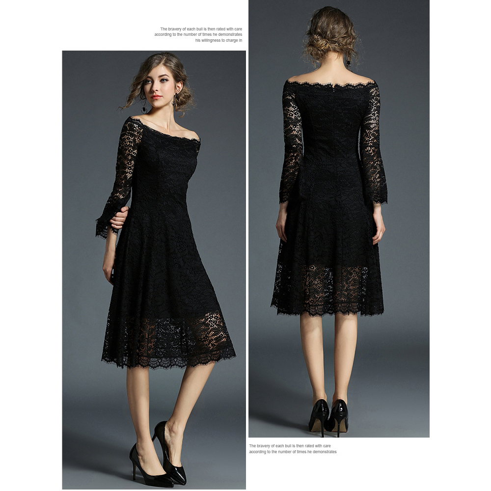 ชุดเดรสสั้นสีดำ ผ้าลูกไม้ แขนยาว กระโปรงทรงบาน แนว