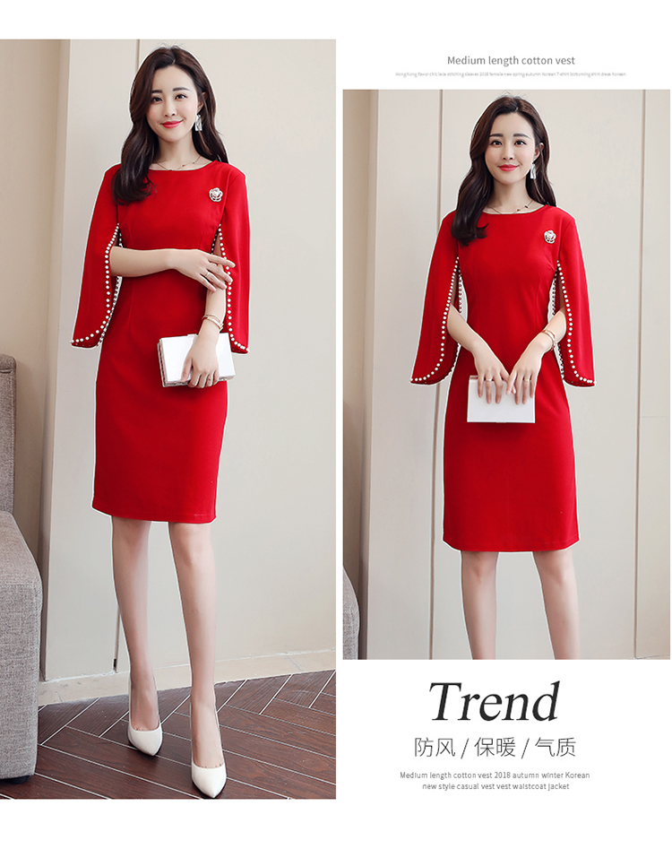 พร้อมส่ง !! ชุดเดรสสั้นสีแดง แขนระบายแต่งมุก แนวเรียบหรู สวยสง่า ใส่ดูดีมากๆ