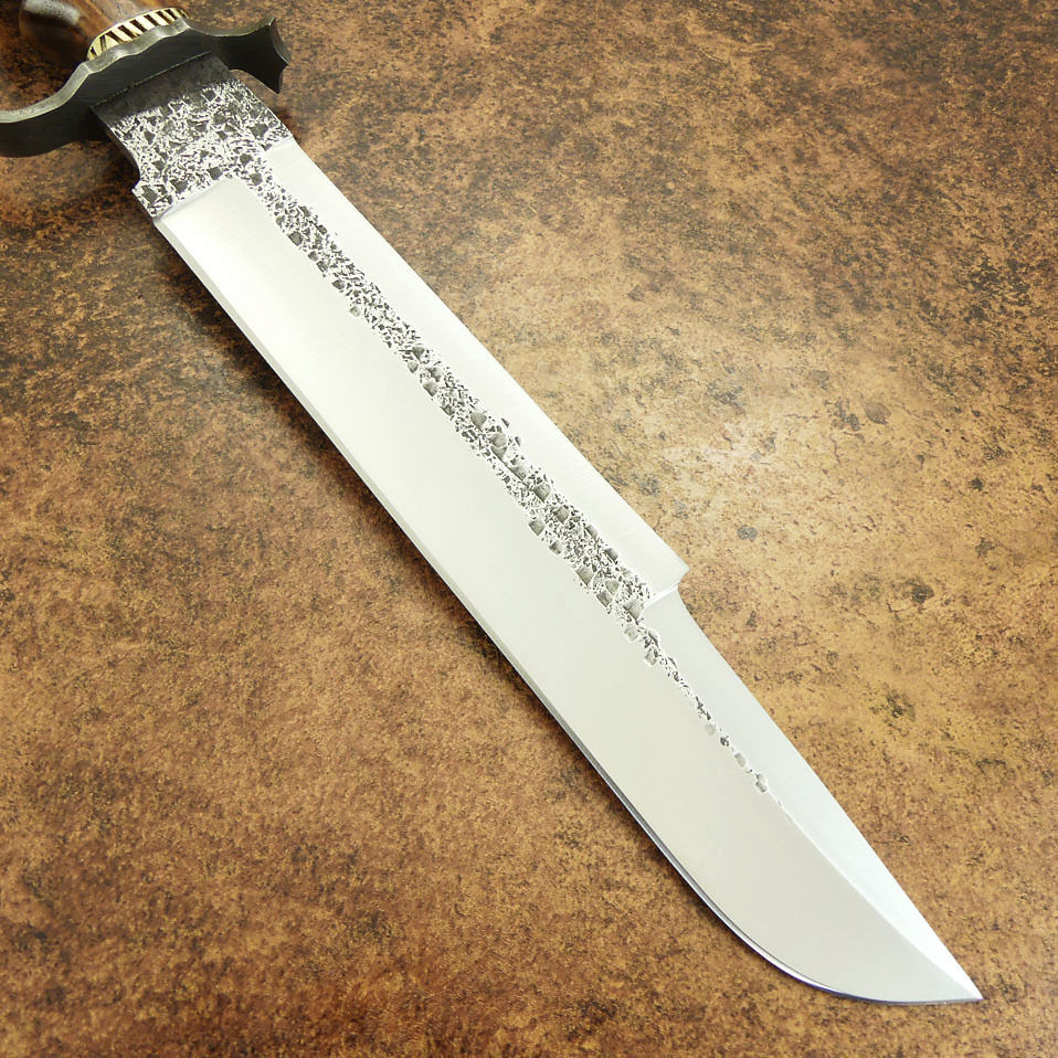 มีด เหล็ก D2 IMPACT CUTLERY RARE CUSTOM HAMMERED D2 ART BOWIE KNIFE BURL WOOD DAMASCUS GUARD UK