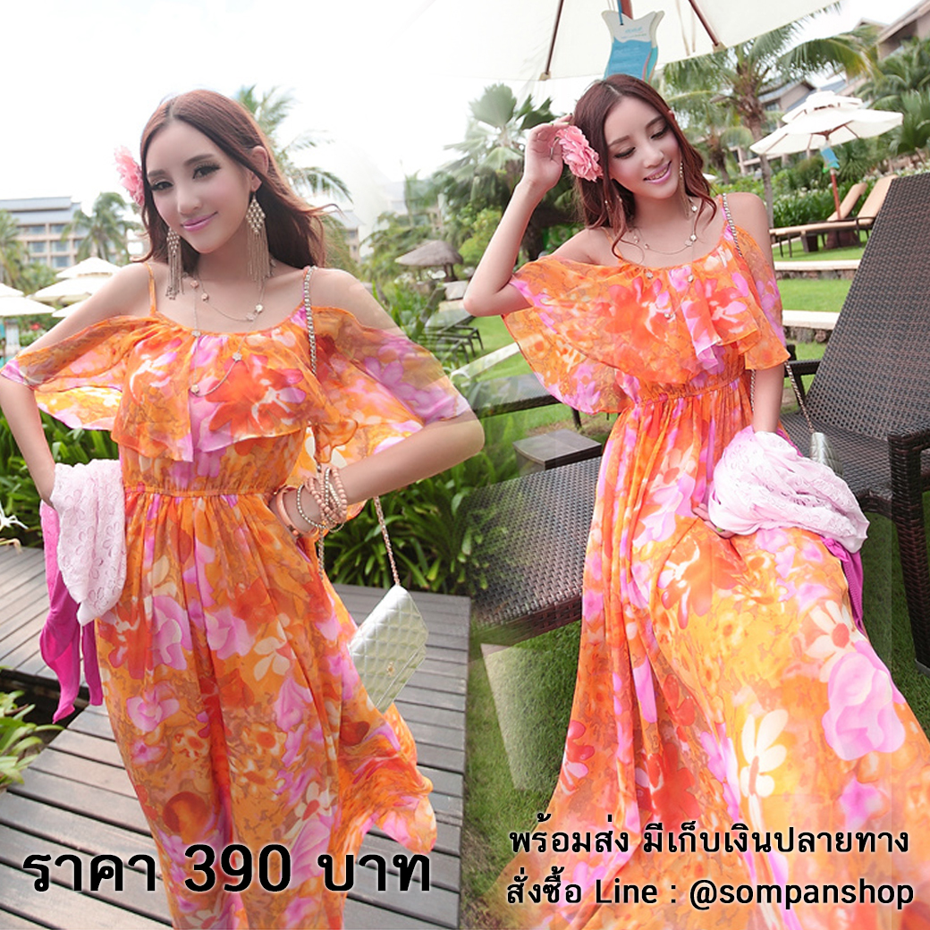 ชุดเดรสเที่ยวทะเล ลายดอกไม้ สายเดี่ยว อกแต่งระบาย