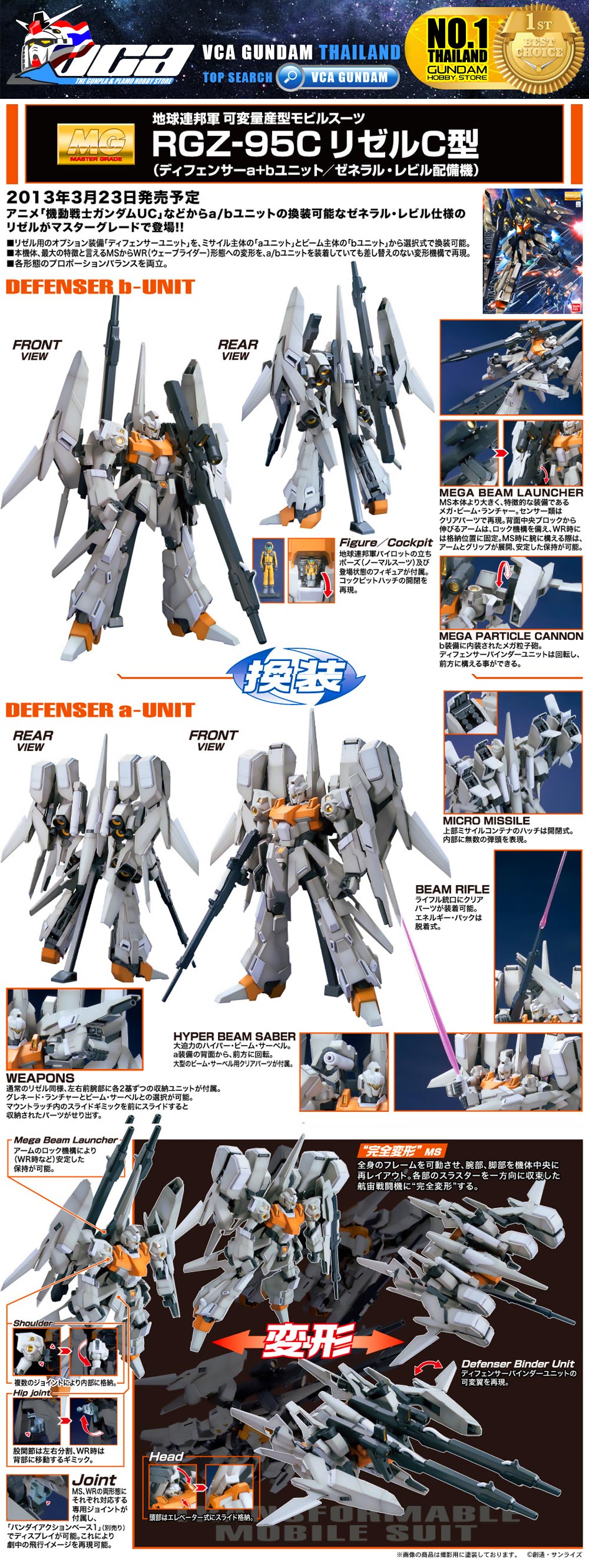 Bandai Master Grade MG RGZ-95C REZEL TYPE-C DEFENSER A+B UNIT GENERAL REVIL