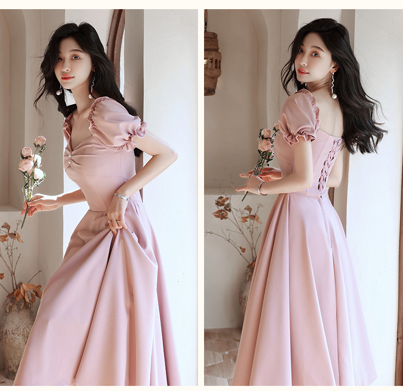 พร้อมส่ง !! ชุดราตรี ชุดไปงานแต่งงาน ชุดออกงานสีชมพู เดรสสั้นแขนตุ๊กตาแต่งกระดุมมุกกระโปรงทรงบาน สวยหวาน เรียบหรู สวยดูดี สไตล์มินิมอล ใส่ได้ทั้งงานกลางวัน กลางคืน