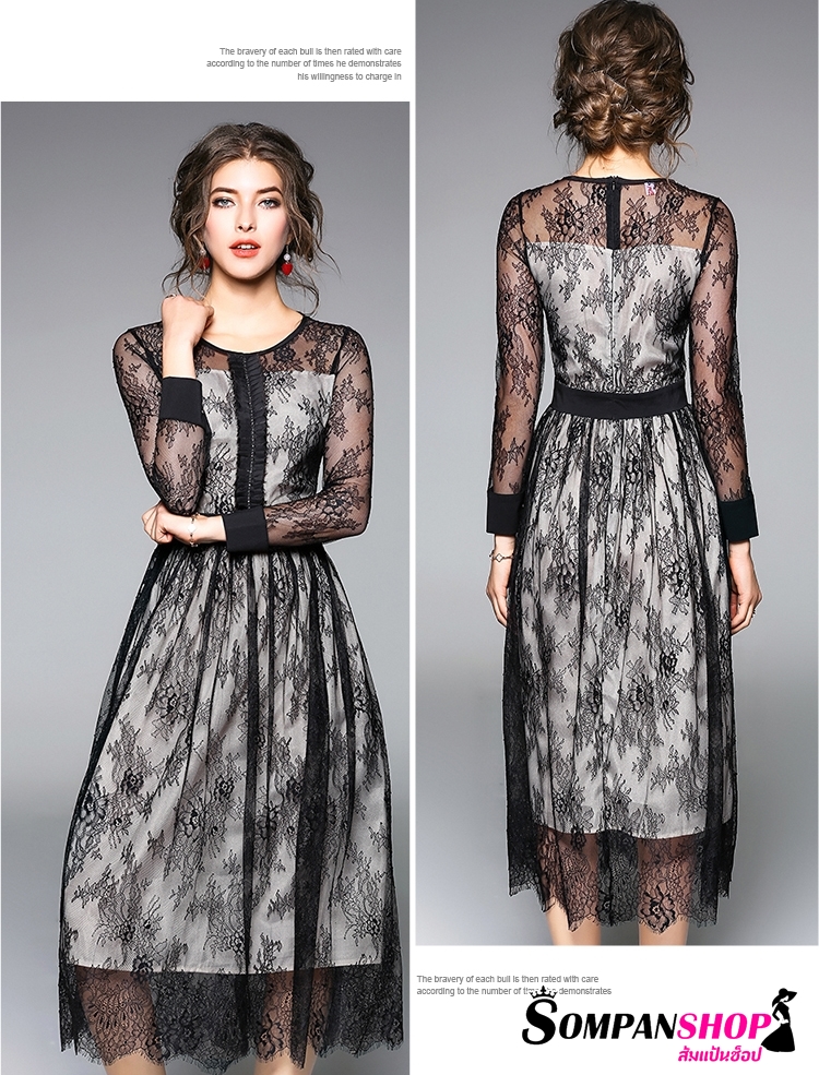 ชุดเดรสลูกไม้สีดำ แขนยาว เรียบหรู สวยหรูดูแพง ใส่แล้วดูดีมากๆ