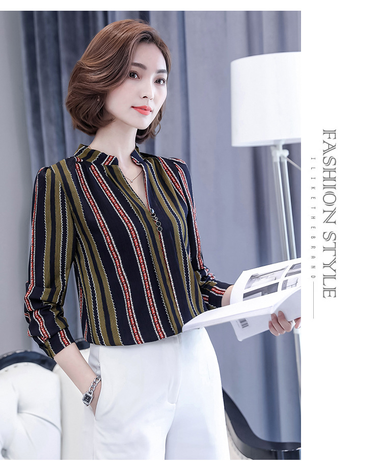 เสื้อเชิ้ตผู้หญิงทำงานสีเขียว ลายทาง แขนยาว