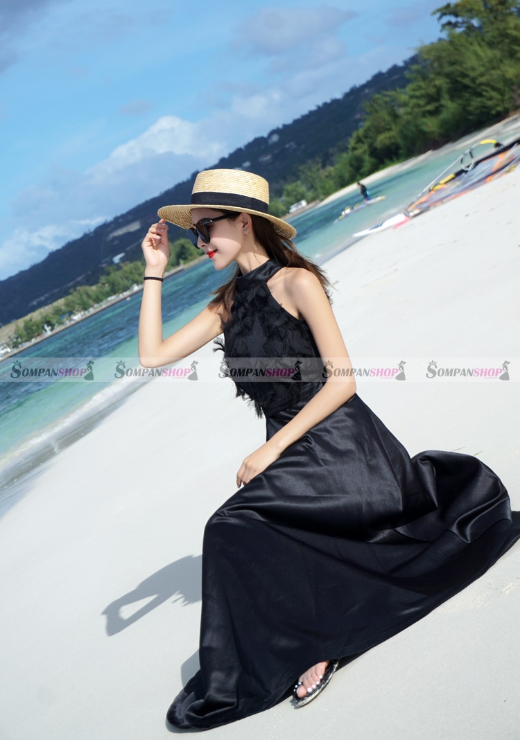 SALE : ชุดเดรสยาวสีดำ แขนกุด แต่งขนฟรุ้งฟริ้งน่ารัก กระโปรงยาวทรงบาน แนวสวยหวาน น่ารักๆ