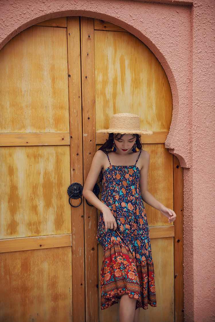 พร้อมส่ง !! ชุดเดรสยาวลายโบฮีเมียนสีน้ำเงินกรมท่า แฟชั่นชุดไปเที่ยวทะเลสวยๆ ใส่เดินเล่นริมทะเล ใส่ถ่ายรูป