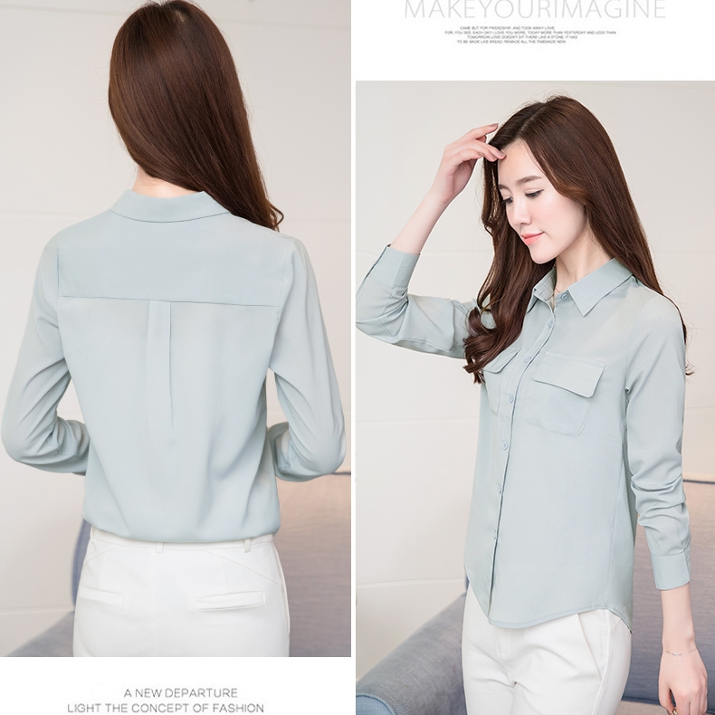 เสื้อเชิ้ตผู้หญิงสีเทา คอปก แขนยาว กระดุมหน้า แต่งกระเป๋า