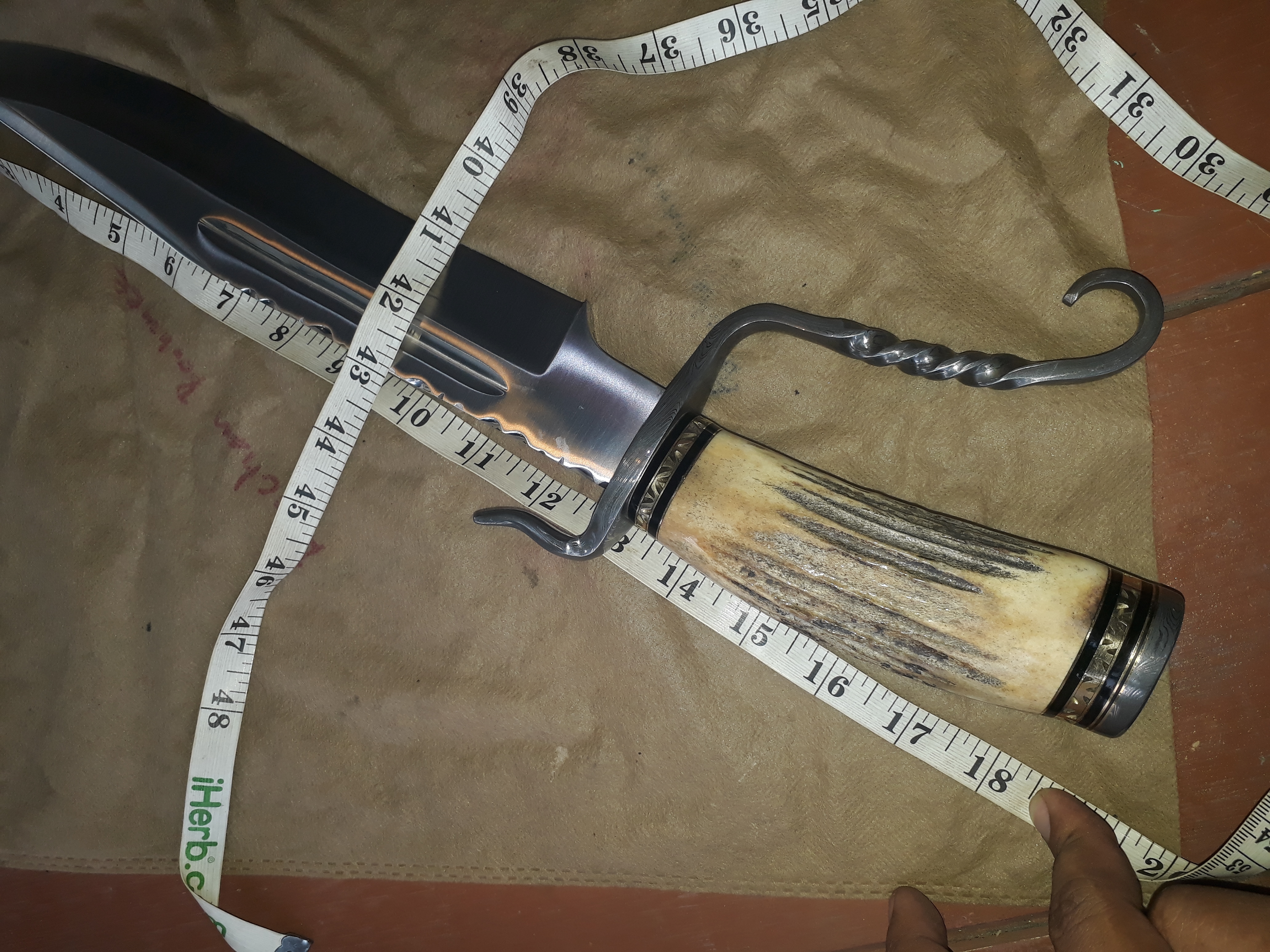 IMPACT CUTLERY RARE CUSTOM 1 OF A KIND BOWIE KNIFE STAG ANTLER DAMASCUS GUARD