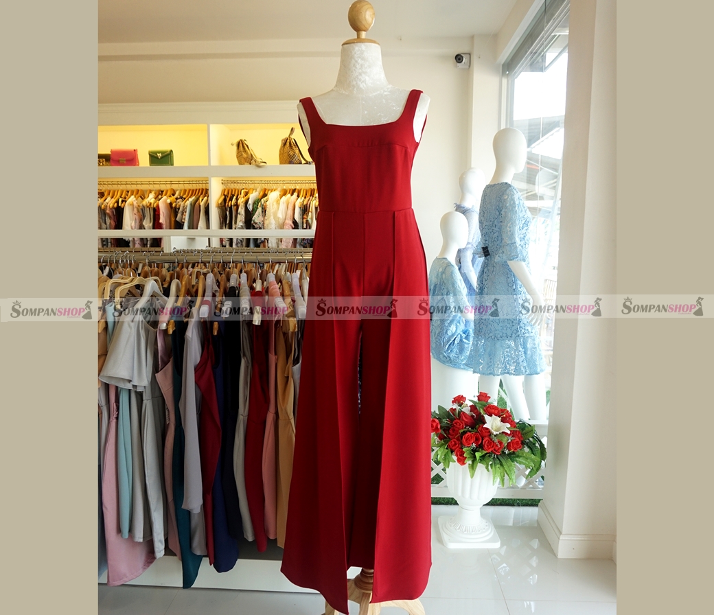 ชุดจั๊มสูทกางเกงขายาวสีแดง สายเดี่ยว กางเกงขากว้างแต่งระบาย สุดเก๋ : พร้อมส่ง S M L