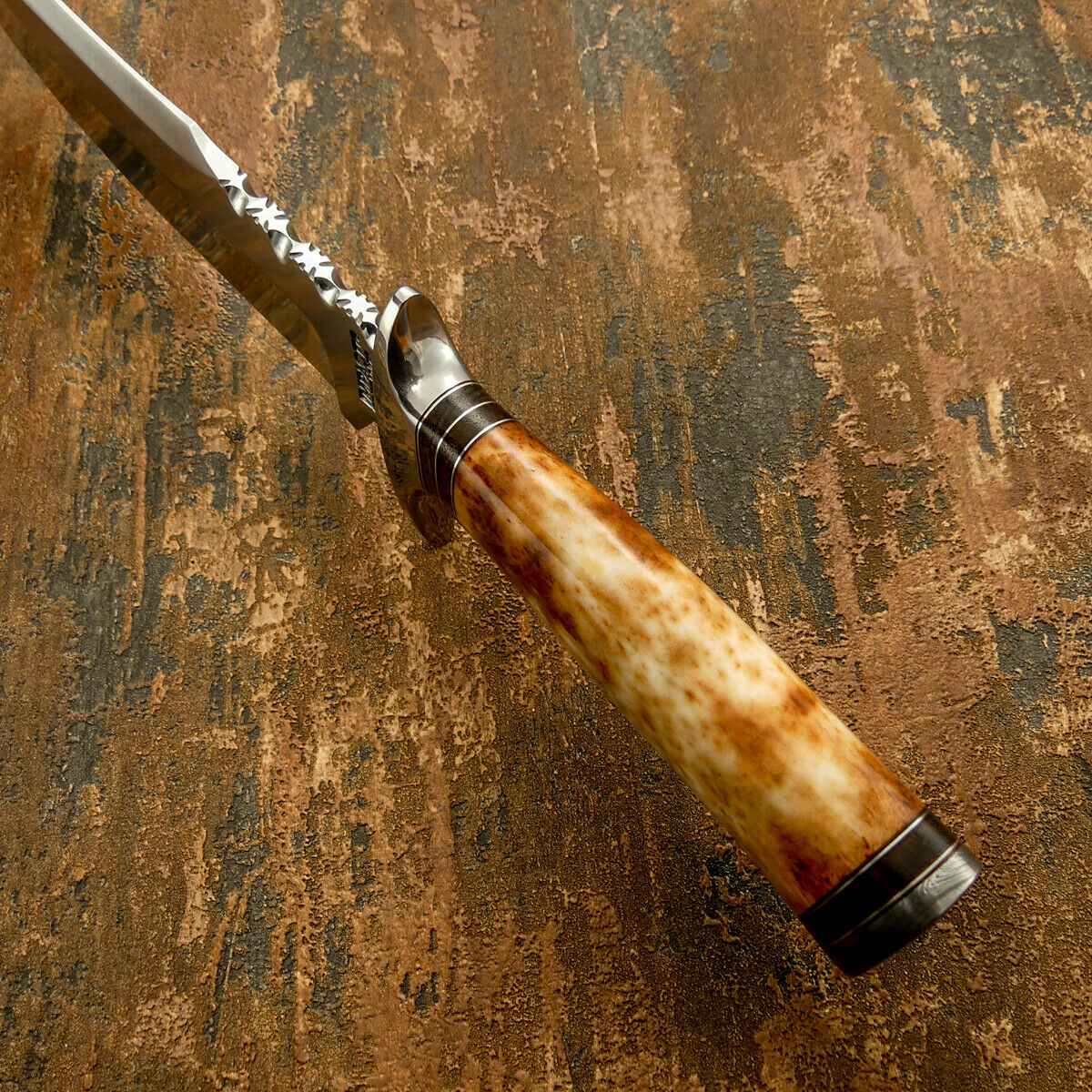 IMPACT CUTLERY RARE CUSTOM D2 BOWIE KNIFE CAMEL BONE HANDLE