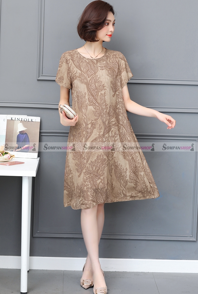 SALE ชุดเดรสสั้นสีน้ำตาล ทรงปล่อย ผ้าชีฟอง ลุคเรียบๆ สวยดูดี สวมใส่ได้หลายโอกาส