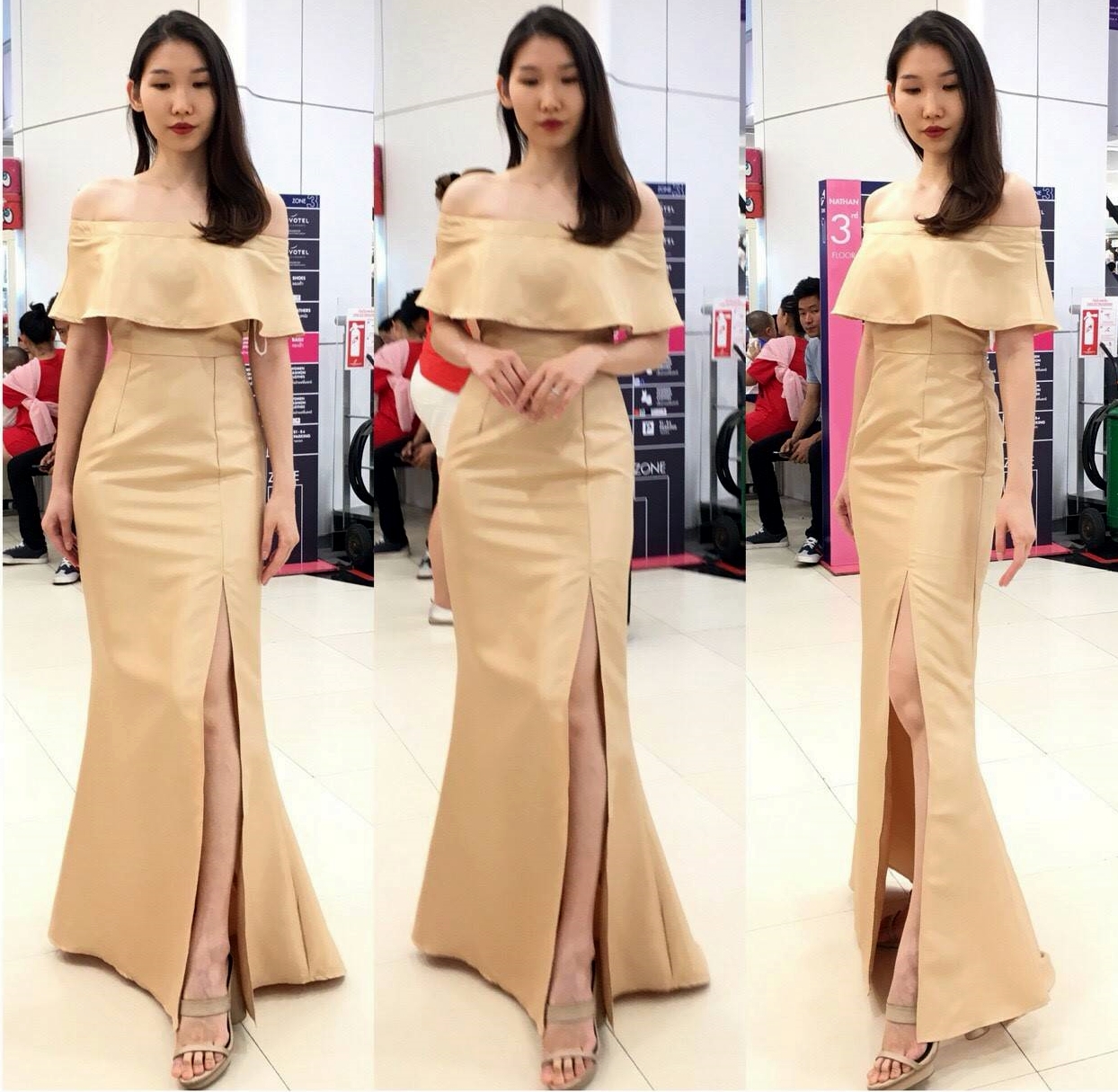 ชุดราตรียาวสีทอง เปิดไหล่อกแต่งระบาย กระโปรงยาวเข้ารูปทรงหางปลา