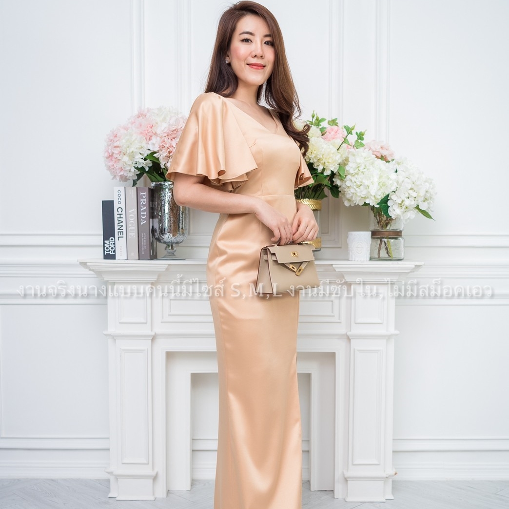 ชุดราตรียาวสีทอง แขนระบาย ลุคเรียบหรู สวยสง่าดูดี ใส่เป็นชุดออกงาน ชุดไปงานแต่งงาน ใส่ได้งานกลางวัน/งานเย็น