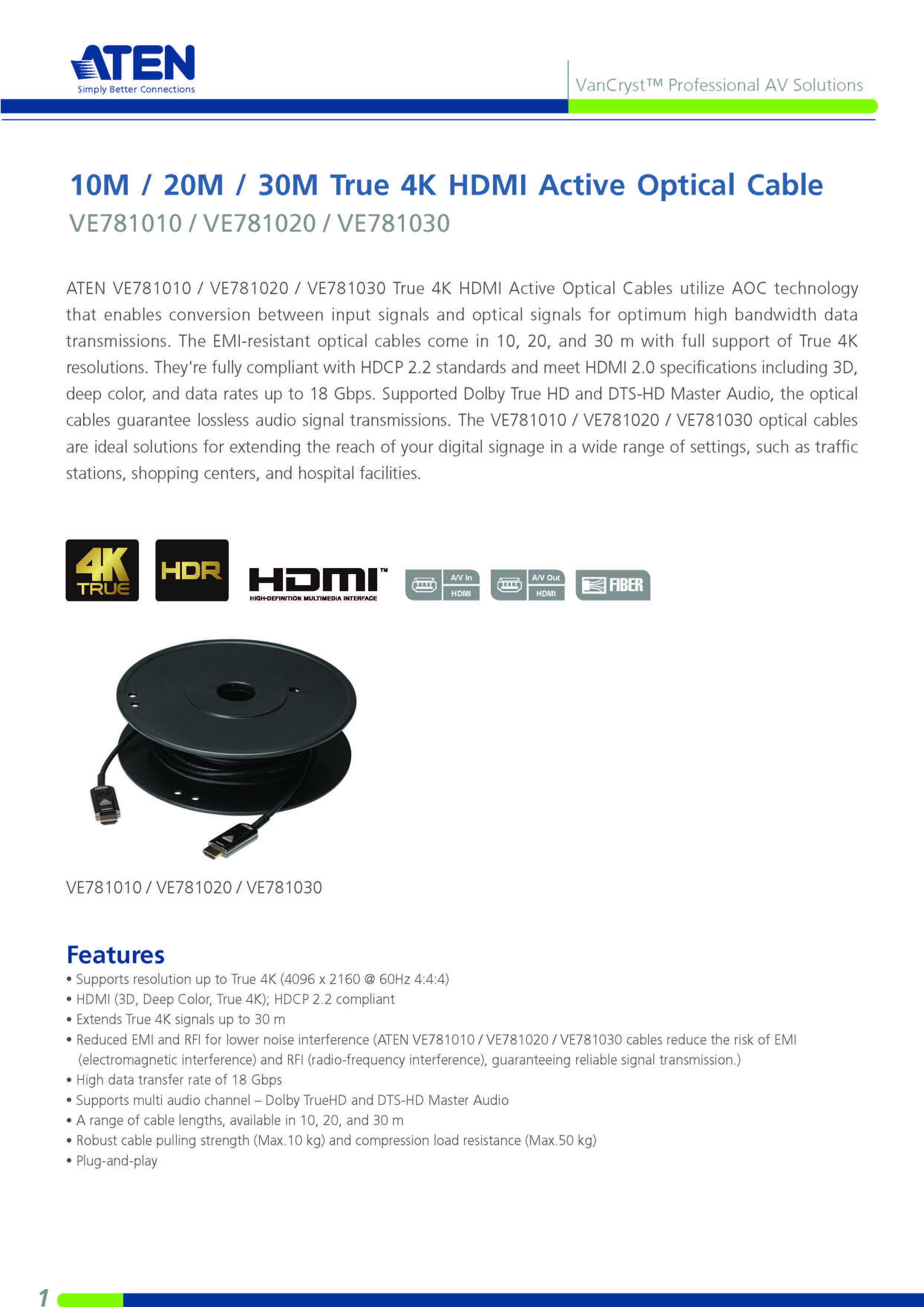 ATEN : VE781030 30M True 4K HDMI Active Optical Cable (True 4K@30m) ความยาว 30 เมตร