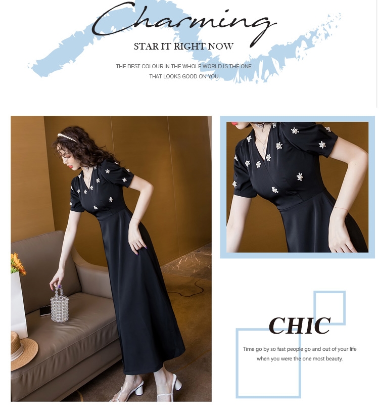 พร้อมส่ง !! ชุดเดรสสีดำ ปักลูกปัดลายดอกไม้ แขนสั้น กระโปรงยาว แนวเรียบหรู ดูดี สวยสุภาพ ดูเรียบร้อย