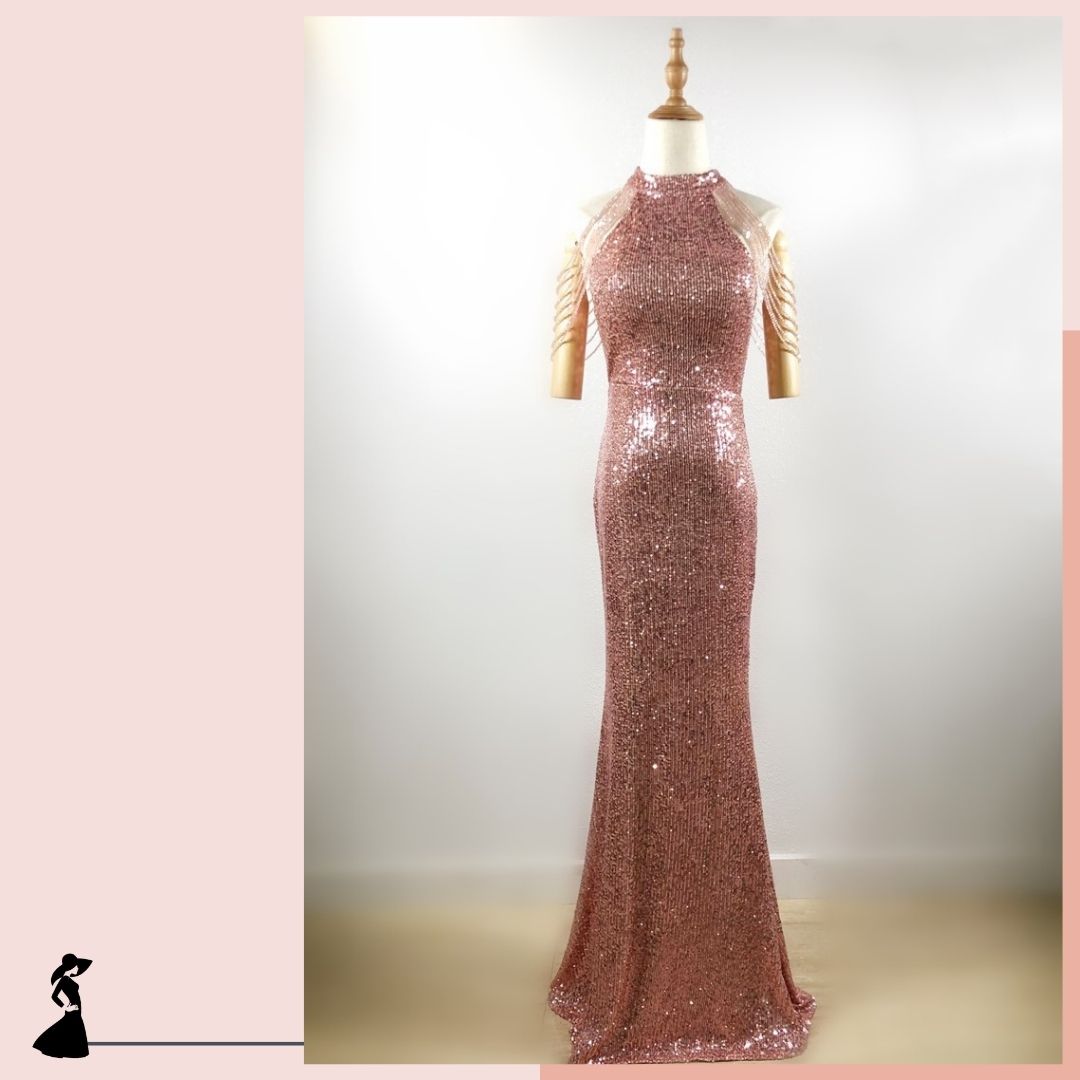 ชุดราตรี ชุดออกงาน ชุดไปงานแต่งงานสีชมพู เดรสยาวเว้าไหล่แต่งลูกปัด ผ้าปักเหลื่อม เรียบหรู ดูแพง