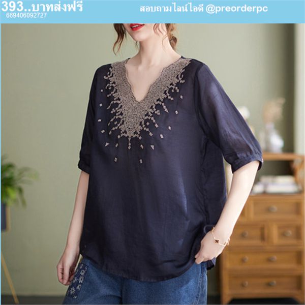เสื้อผ้าลินินผสมฝ้าย คอวี ประดับลายที่คอ