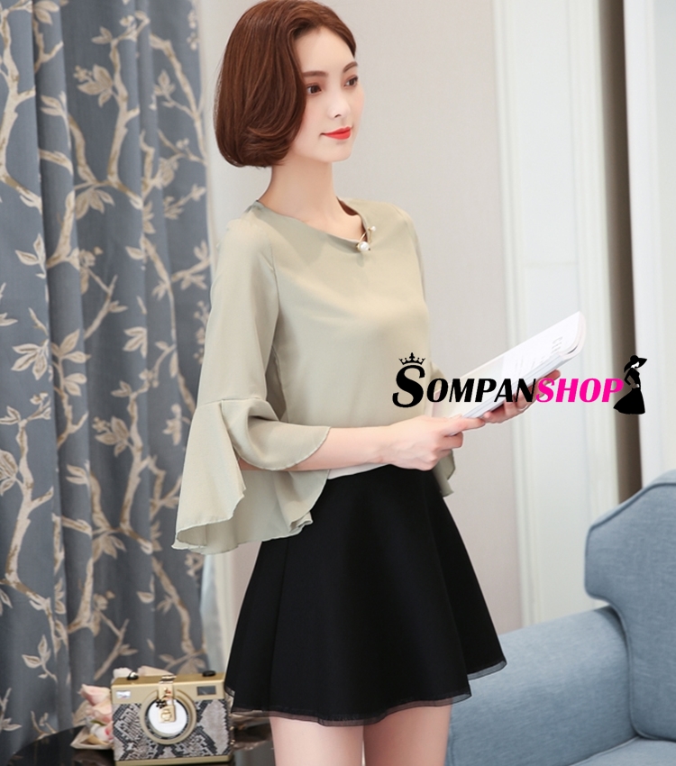 เสื้อเชิ้ตผู้หญิงทำงานสีเขียว แขนยาวแต่งระบาย ผ้าชีฟอง