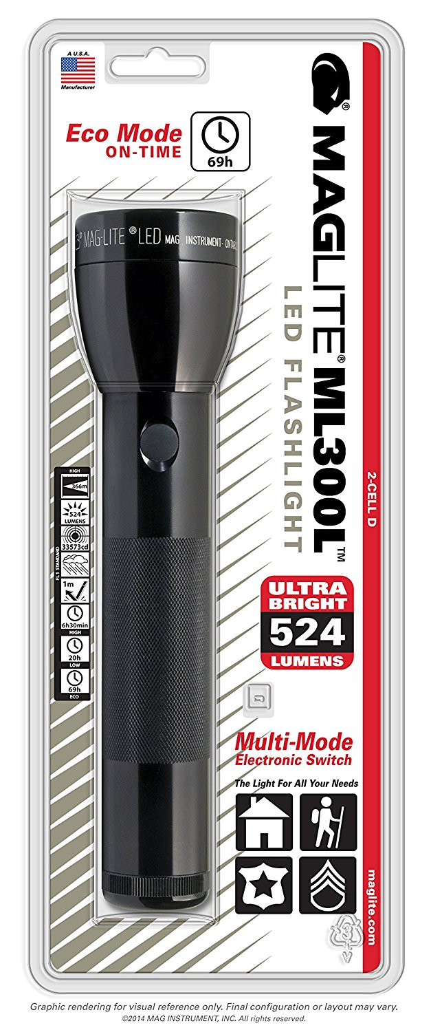 ไฟฉาย Maglite ML300L LED 2-Cell D Flashlight, Black USA