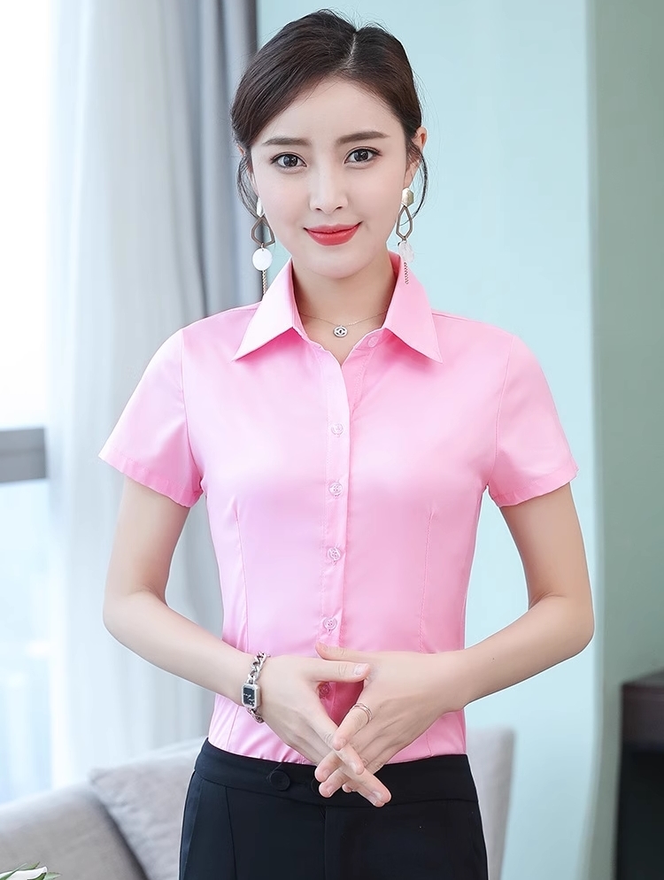 เสื้อเชิ้ตทำงานผู้หญิงสีชมพู แขนสั้นผู้หญิง กระดุมหน้า ผ้าชีฟอง เสื้อเชิ้ตทำงานผู้หญิง